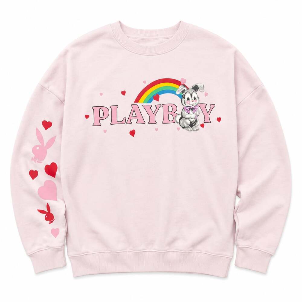 Playboy by PacSun Pink Rainbow Bunny Hearts Graphic Sweatshirt One Size